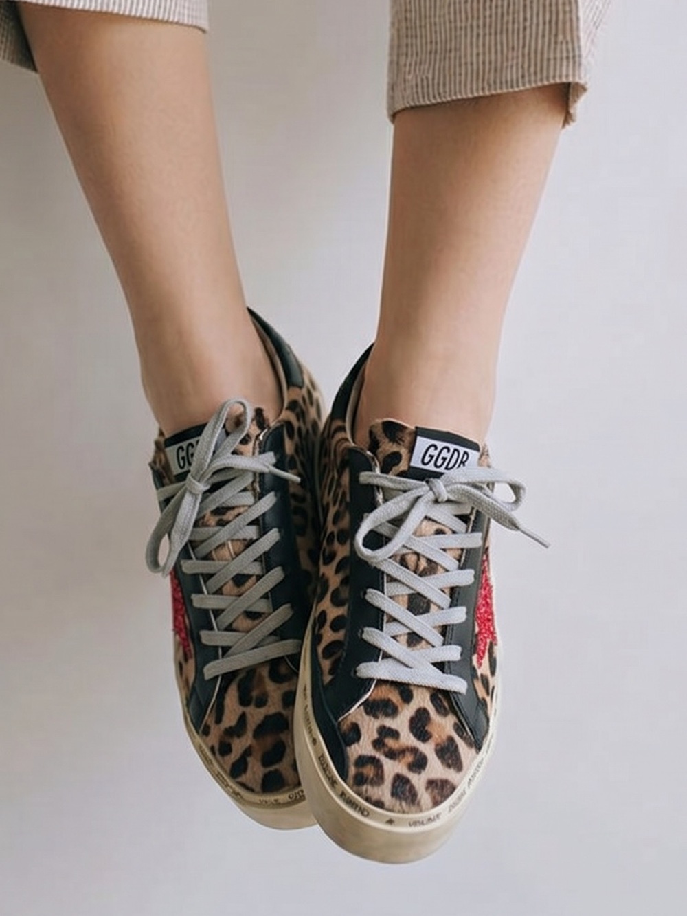 Golden Goose Hi Star Leopard Pony Hair Sneakers Red Glitter Star EU 38